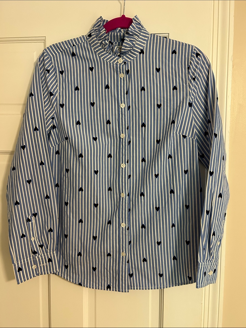 J. Crew Blue and White Striped Button-Down with Navy Heart Print